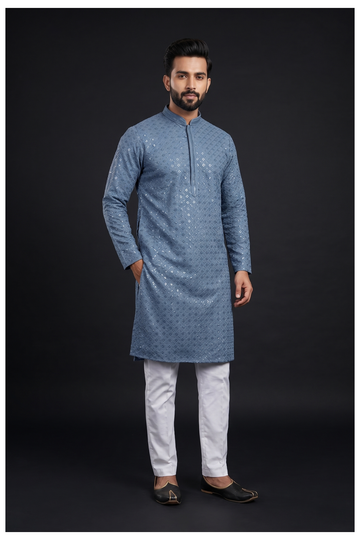 Steel Blue Sequin Embellished Men'S Kurta