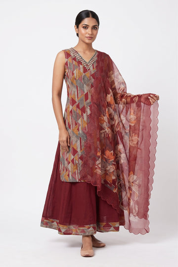 Wine Geometric Fusion Kurta Sharara Set