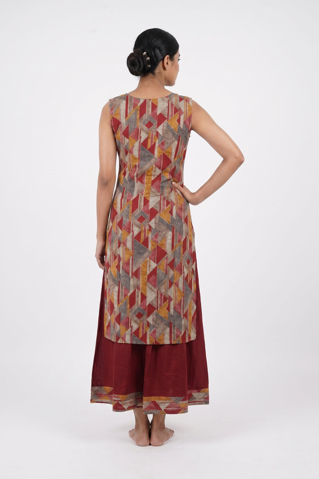 Wine Geometric Fusion Kurta Sharara Set