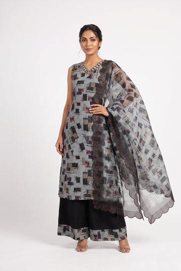 Smoky Grey Abstract Print Palazzo Suit Set