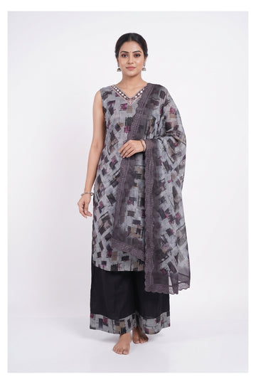 Charcoal Grey Abstract Printed Indo-Western Suit Set