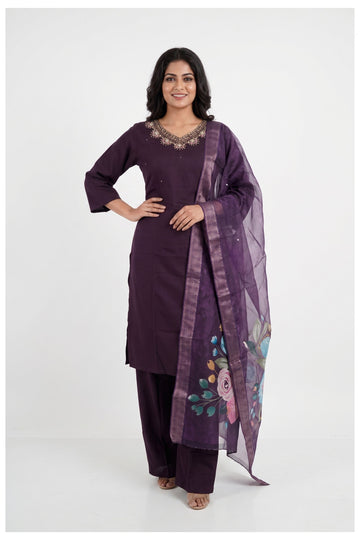 Purple Kurta Palazzo Set With Printed Organza Dupatta