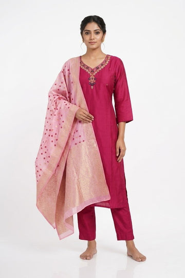 Rani Pink Embroidered Kurta Pant Set With Dupatta