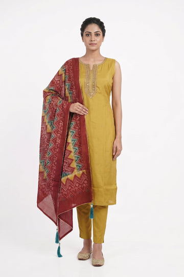 Mustard Grace Embroidered Kurta Pant Set With Ikat Dupatta