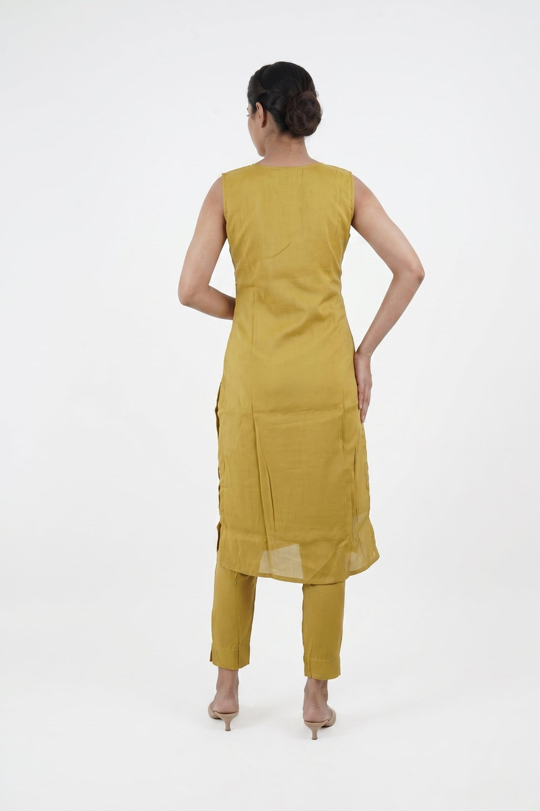 Mustard Grace Embroidered Kurta Pant Set With Ikat Dupatta