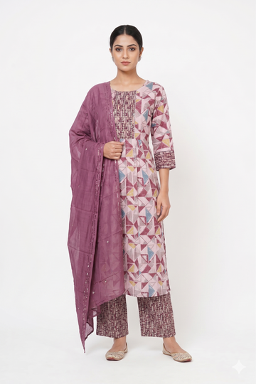 Mauve Mosaic Printed Kurta Pant Set With Dupatta