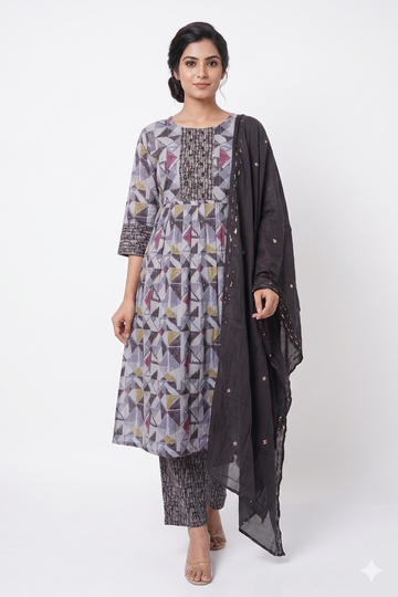 Charcoal Prism Printed Kurta Pant Set With Dupatta
