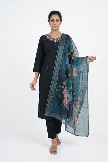 Midnight Black Floral Dupatta Kurta Set