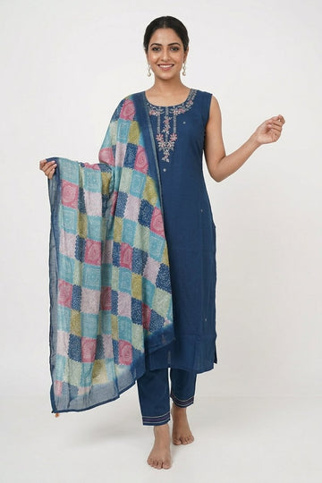 Royal Blue Embroidered Kurta Set With Printed Dupatta