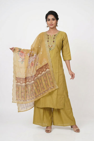 Mustard Floral Printed Kurta Palazzo Set With Dupatta
