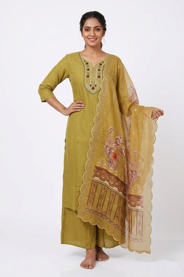 Olive Bloom Embroidered Kurta Palazzo Set