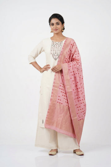 Ivory Embroidered Kurta Set With Pink Banarasi Dupatta