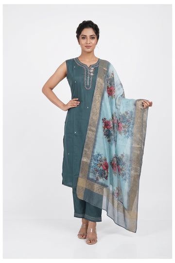 Teal Blue Floral Dupatta Kurta Pant Set