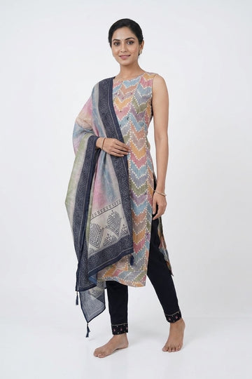 Pastel Chevron Printed Kurta Set With Designer Dupatta
