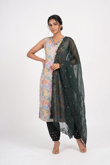 Pastel Mosaic Kurta Set With Embroidered Organza Dupatta