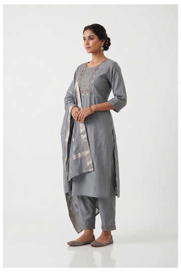 Steel Grey Embroidered Kurta Pant Set With Banarasi Dupatta