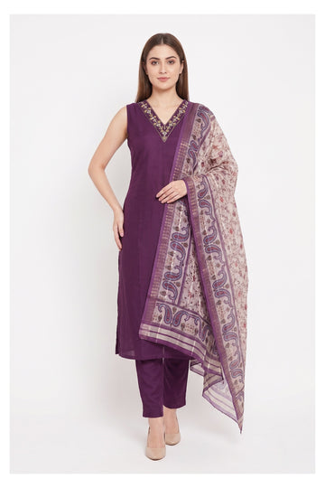 Royal Purple Sleeveless Kurta Set With Printed Dupatta