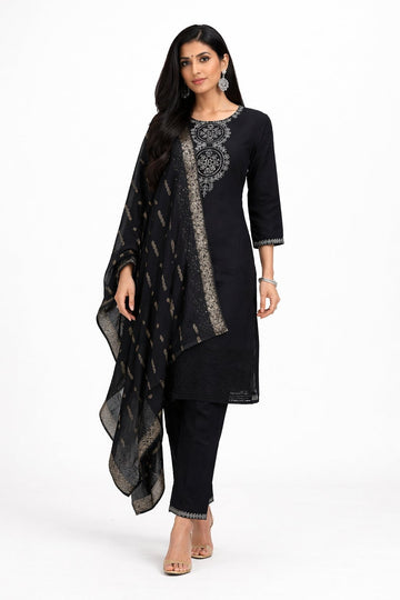 Classic Black Embroidered Suit Set With Dupatta