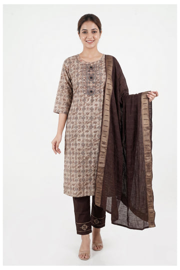 Mocha Beige Printed Kurta Pant Set With Woven Dupatta