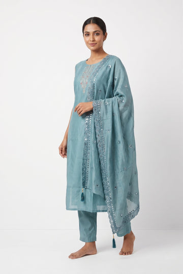 Powder Blue Mirror Work Kurta Pant Set