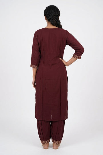 Wine Embroidered Kurta Set With Traditional Dupatta