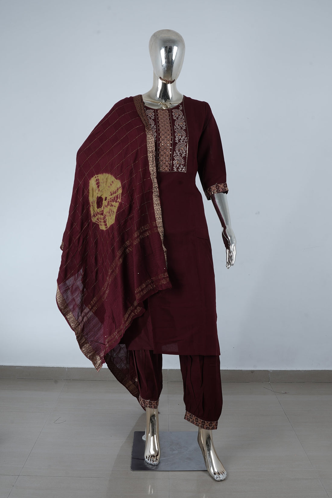 Wine Embroidered Kurta Set With Traditional Dupatta
