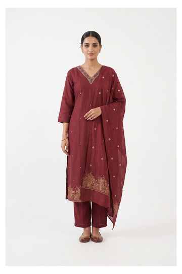 Wine Embroidered Festive Kurta Set With Dupatta