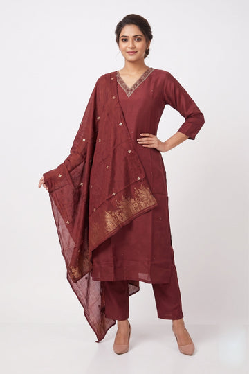 Wine Elegance Embroidered Kurta Pant Set