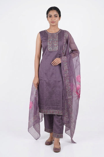 Lavender Embroidered Straight Kurta Pant Set With Floral Dupatta