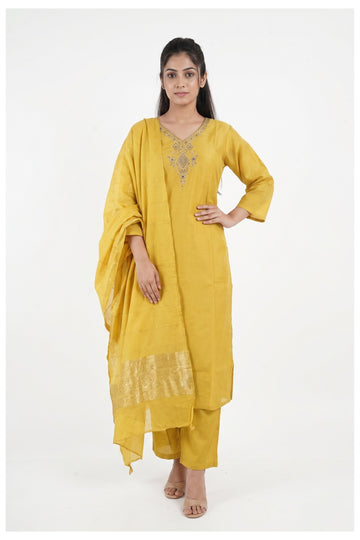 Mustard Yellow Embroidered Kurta Palazzo Set With Zari Dupatta