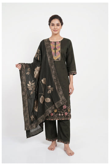 Onyx Black Embroidered Kurta Palazzo Set With Designer Dupatta