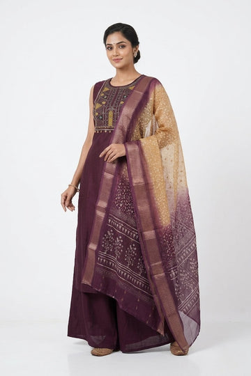 Wine Ethnic Embroidered Kurta Set With Designer Dupatta