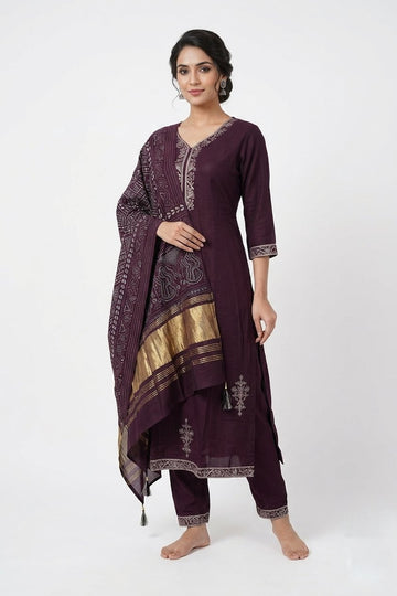 Royal Wine Embroidered Kurta Set With Banarasi Dupatta