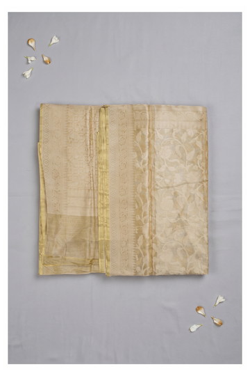 Golden Beige Pure Silk Banarasi Wedding Party Wear Saree
