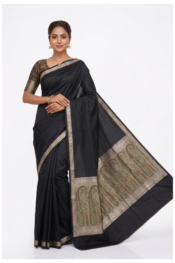Black Banarasi Silk Saree With Jaal Weaving