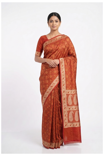 Rust Orange Pure Banarasi Silk Saree With Floral Jaal Weaving