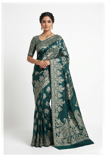 Bottle Green Banarasi Silk Saree With Jaal Weaving