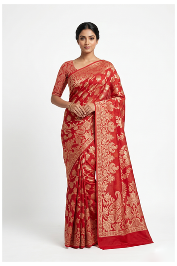 Crimson Red Banarasi Silk Saree With Jaal Weaving