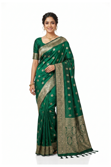 Bottle Green Banarasi Silk Saree With Butta And Hand Work