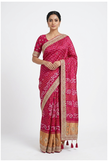 Violet Red  Bandhni Gajji Silk Wedding & Party Wear Saree