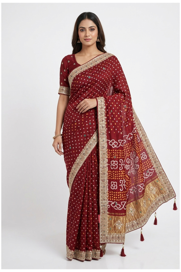 Maroon Bandhni Gajji Silk Wedding Party Saree