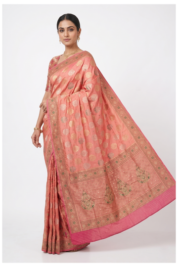 Trending Coral Banarasi Silk Saree With Weaving