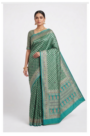 Emerald Green Banarasi Crepe Silk Saree With Weaving