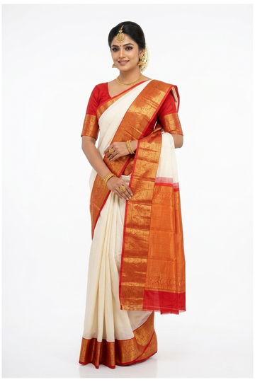 Ivory Pure Silk South Saree For Weddings & Parties