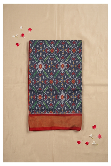Royal Slate Blue Patola Pure Silk Saree With Traditional Ikat Heritage Weaving