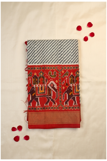 Traditional White & Red Patola Pure Silk Saree With Royal Elephant Heritage Weaving