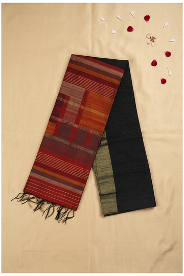 Elegant Black Pure Silk Saree With Contemporary Striped Woven Designer Pallu