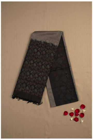 Elegant Charcoal Black Banarasi Pure Silk Saree With Self Floral Woven Design