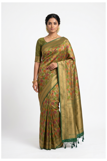 Olive Green South Silk Art Tissue Wedding Saree