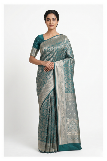 Teal Banarasi Silk Saree With Jaal Weaving